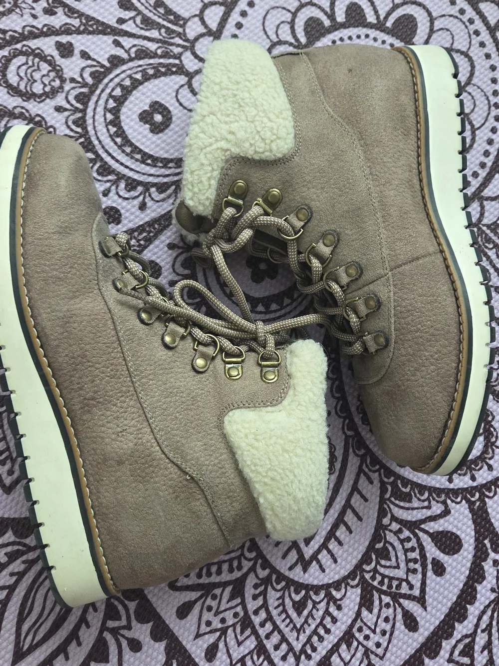 White Mountain Taupe Lace-Up Faux-Suede Winter Boots with Cream Sherpa Collar